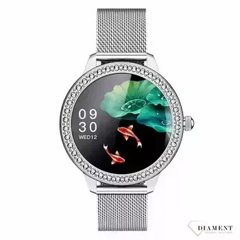 Smartwatch damski z cyrkoniami Garett Lady Kate RT srebrny,stalowy na bransolecie⌚ (2).webp